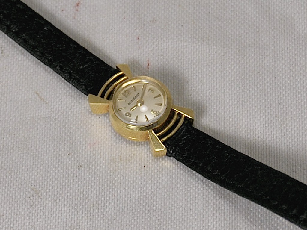 Appraisal: Lady's miniature Jaeger Le Coutre wristwatch on black leather strap