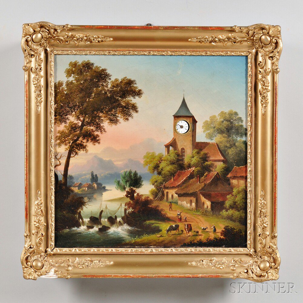 Appraisal: Continental Gilt-framed Picture Clock c oil on canvas pastoral scene