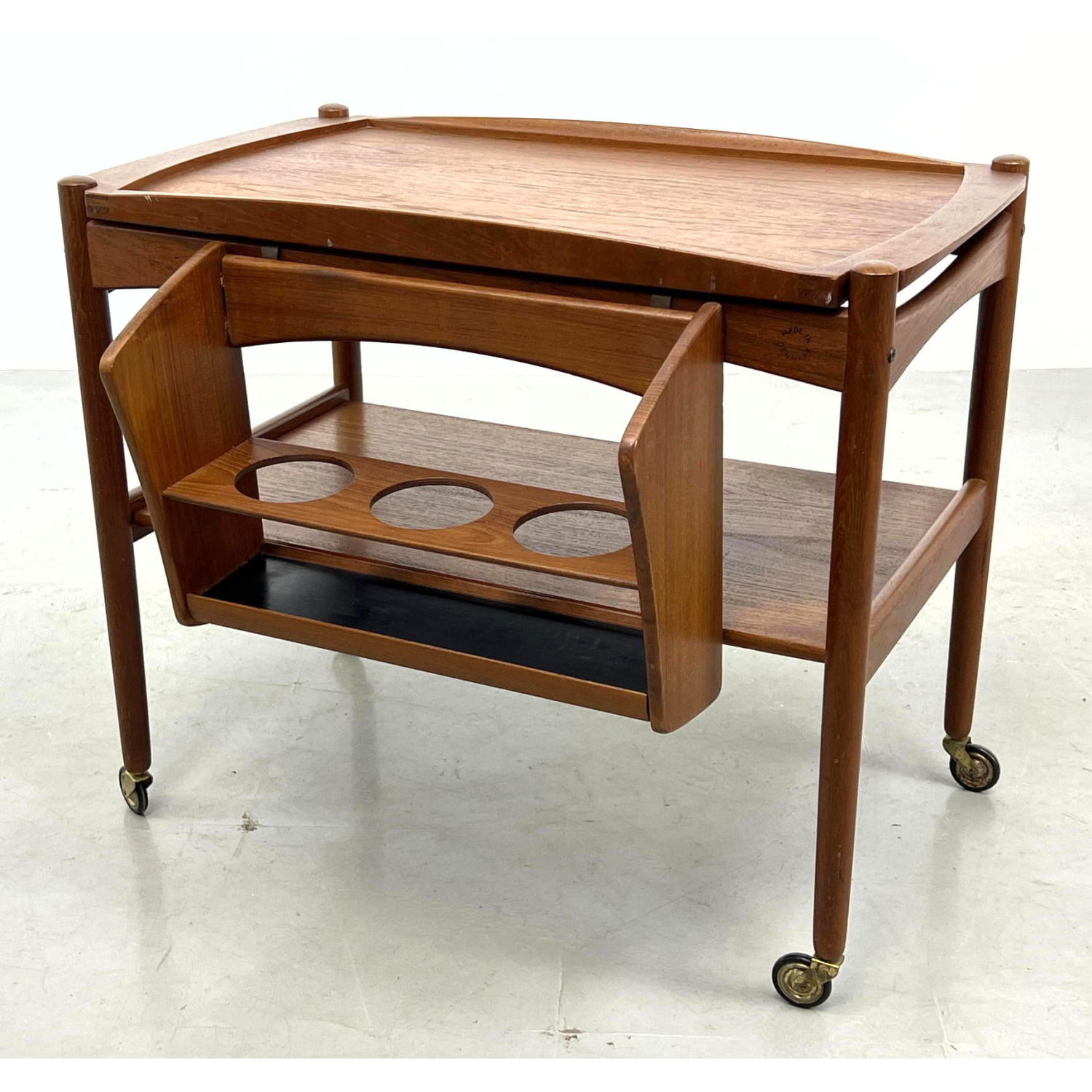 Appraisal: Danish Modern Teak Rolling Bar Cart with Hanging Bottle Rack