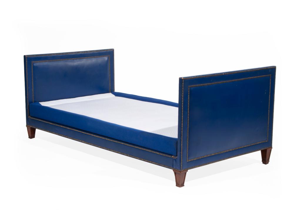 Appraisal: Contemporary Walnut and Studded Blue Leather Daybed manner of Jean-Michel