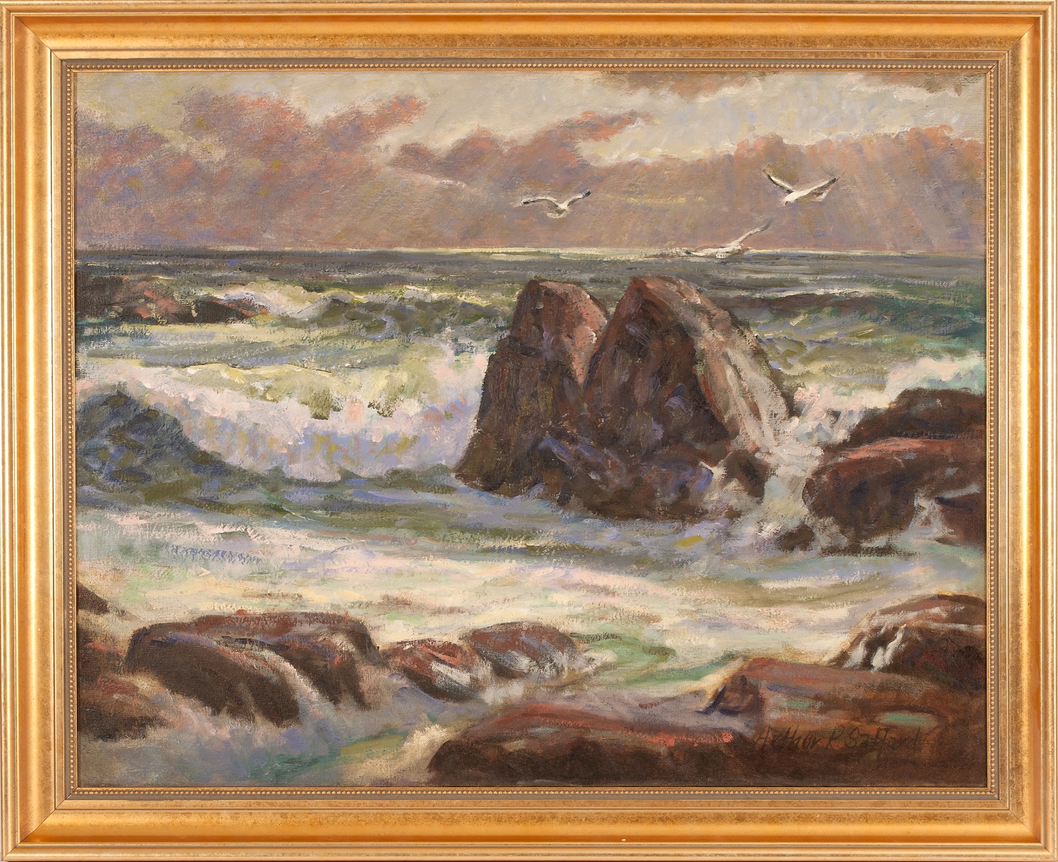 Appraisal: ARTHUR SAFFORDAmerican - Sunset over a rocky roast Signed lower