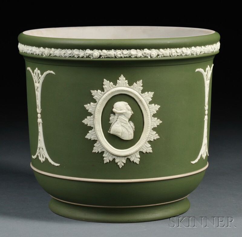 Appraisal: Wedgwood Commemorative Olive-green Jasper Jardiniere England c cylindrical shape with