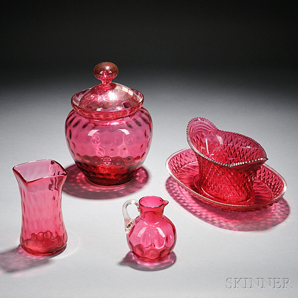 Appraisal: Four Pieces of Cranberry Glass Tableware three with thumbprints a