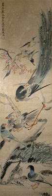 Appraisal: Two Chinese scroll paintings depicting birds amidst flora one signed