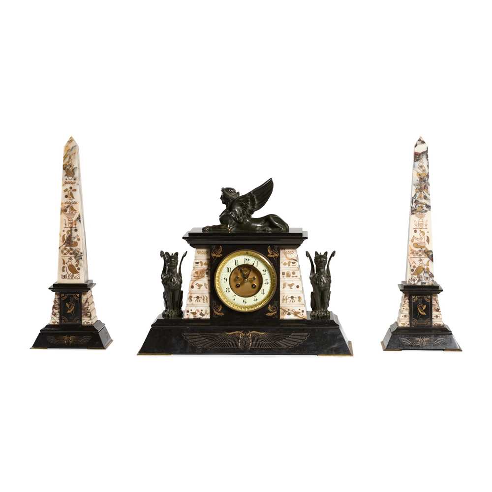 Appraisal: ENGLISH EGYPTIAN REVIVAL CLOCK GARNITURE CIRCA slate and marble incised