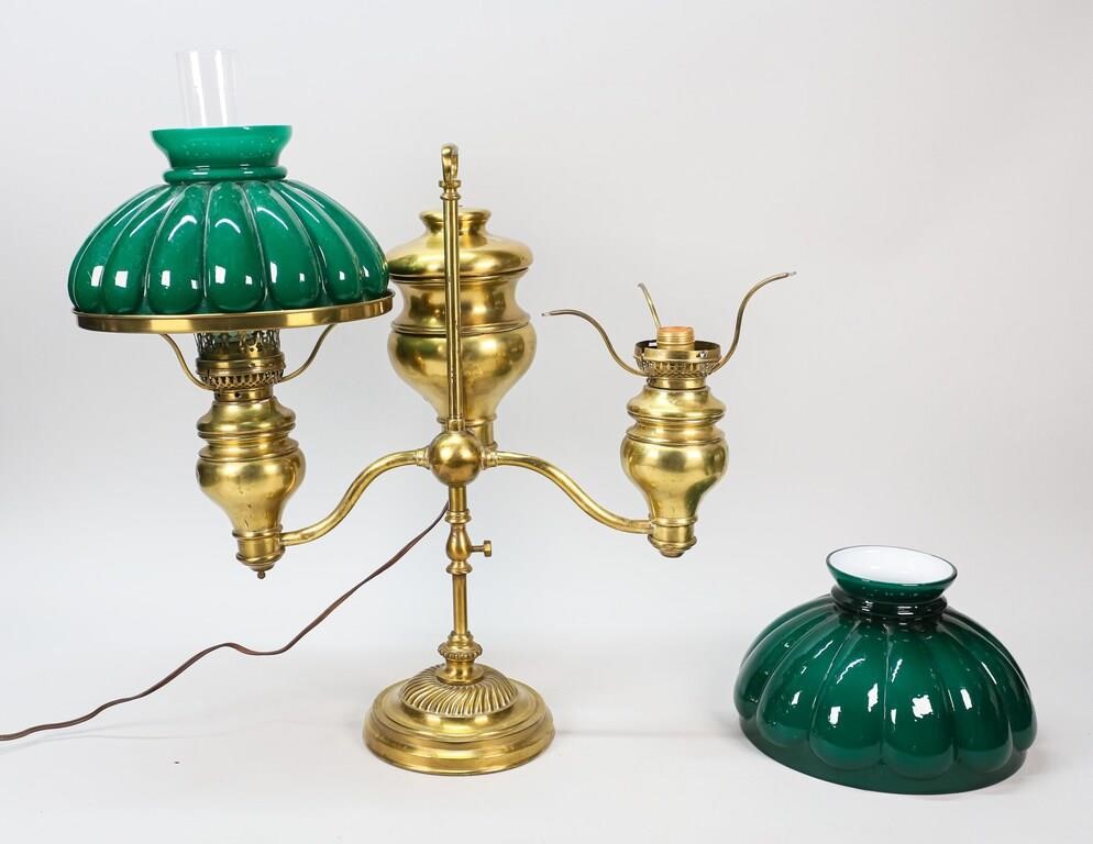 Appraisal: Brass double arm student lamp Emeralite type shades Converted from