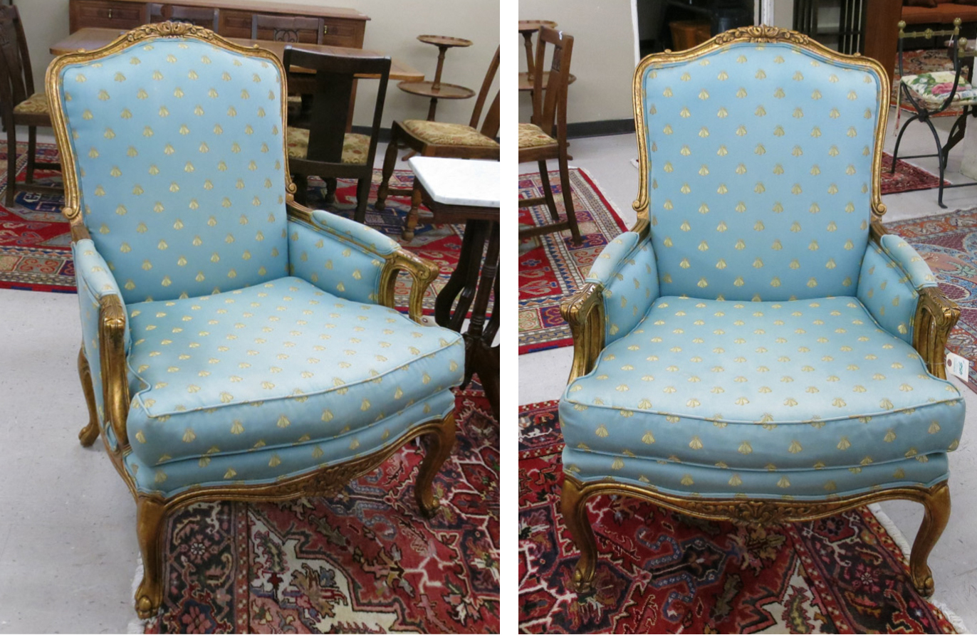 Appraisal: A PAIR OF LOUIS XV STYLE UPHOLSTERED GILTWOOD ARMCHAIRS the