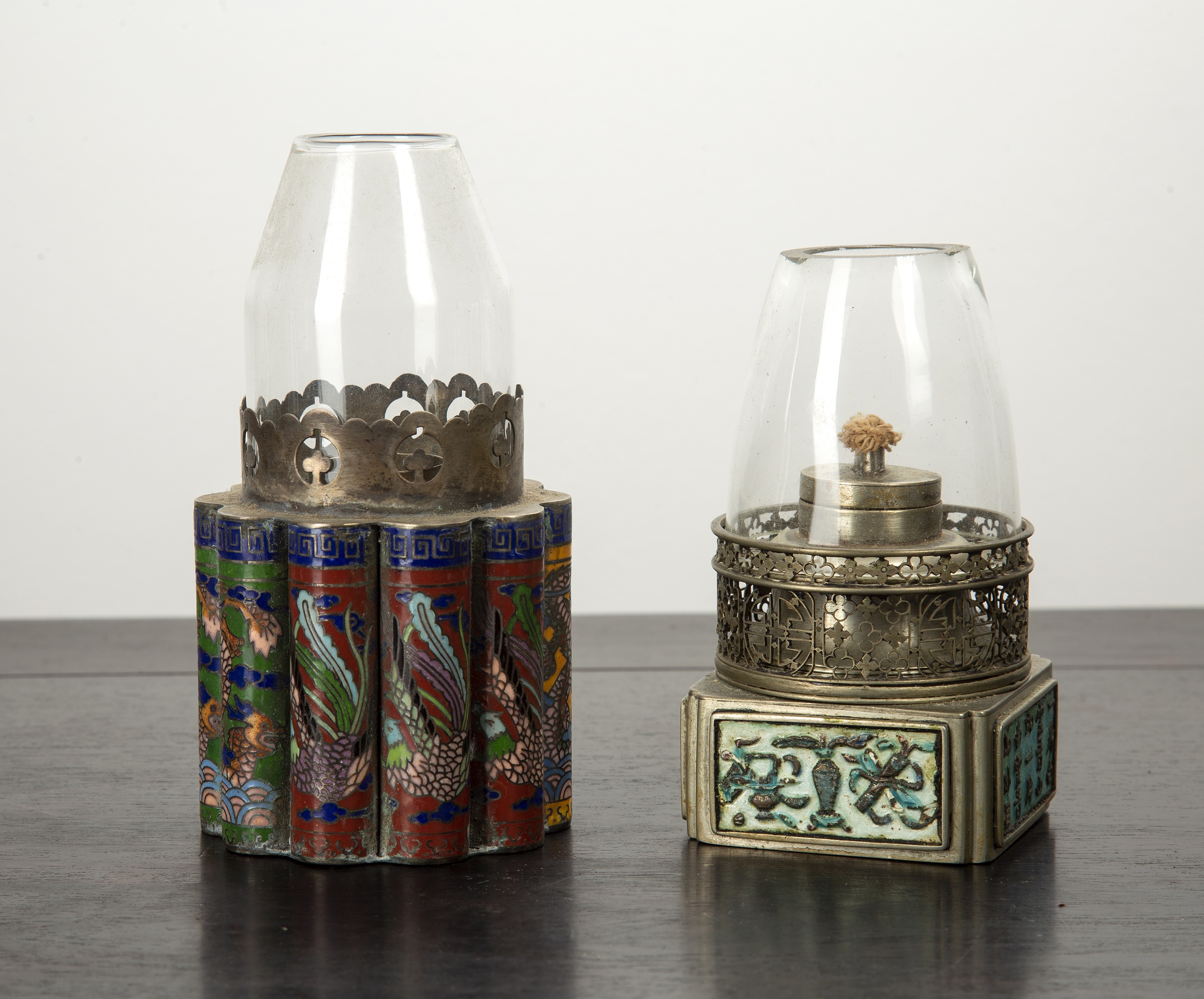 Appraisal: Two oil lampsChinese circa the smaller lamp with turquoise enamel