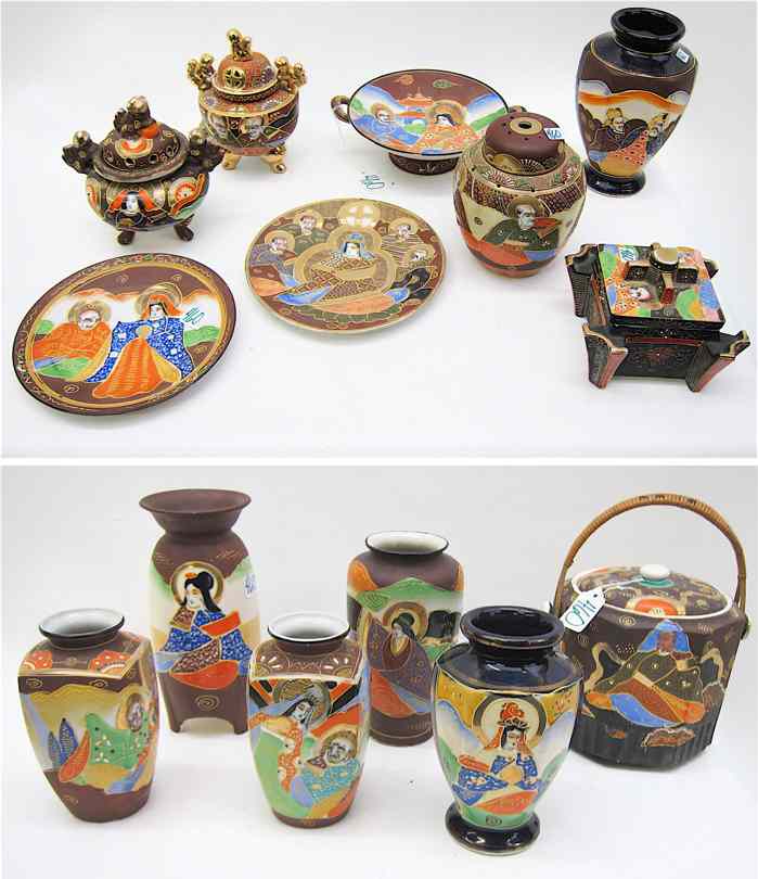 Appraisal: PIECE COLLECTION ''SATSUMA'' PORCELAIN POTTERY hand enameled designs with gold