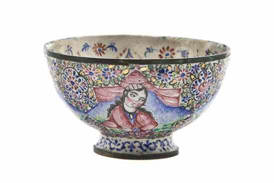 Appraisal: A Persian Enameled Bowl depicting seated noble figures in a