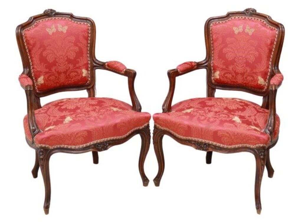 Appraisal: pair French Louis XV style oak armchairs late th c