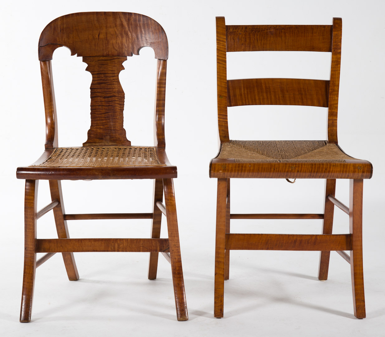 Appraisal: Federal and Restoration tiger maple side chairs New England rush-seat