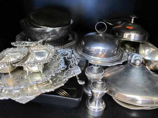 Appraisal: ONE SHELF OF SILVER PLATE INCL TRAYS PLATES CRUETS GRAVY