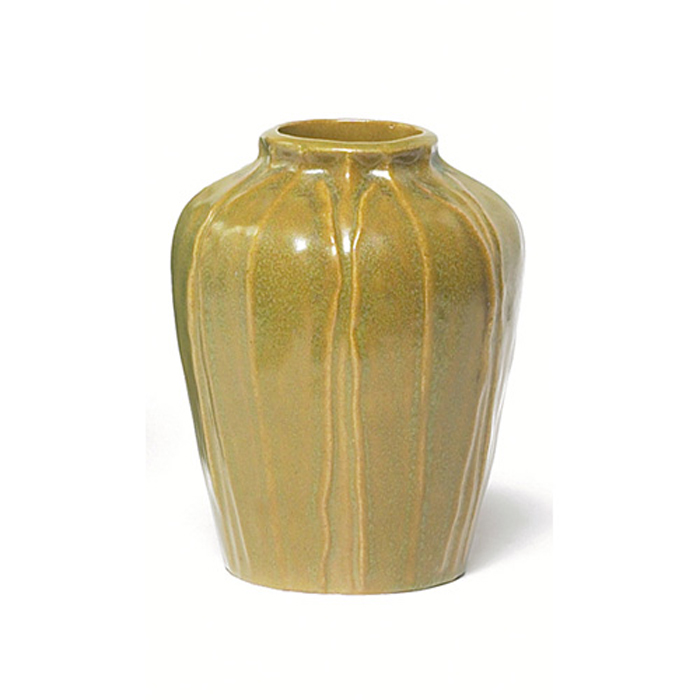 Appraisal: Chicago Crucible vase shouldered form with raised vertical leaves covered