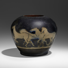 Appraisal: Russell Crook LARGE VASE WITH HORSES AND RIDERS USA c