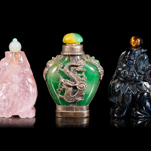 Appraisal: Three Chinese Jadeite and Hardstone Snuff Bottles LATE TH CENTURY-