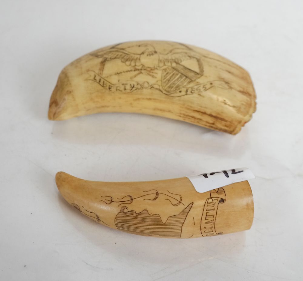 Appraisal: Two Scrimshaw Tooth Carvings One Double-Sided Double-sided tooth depicting on