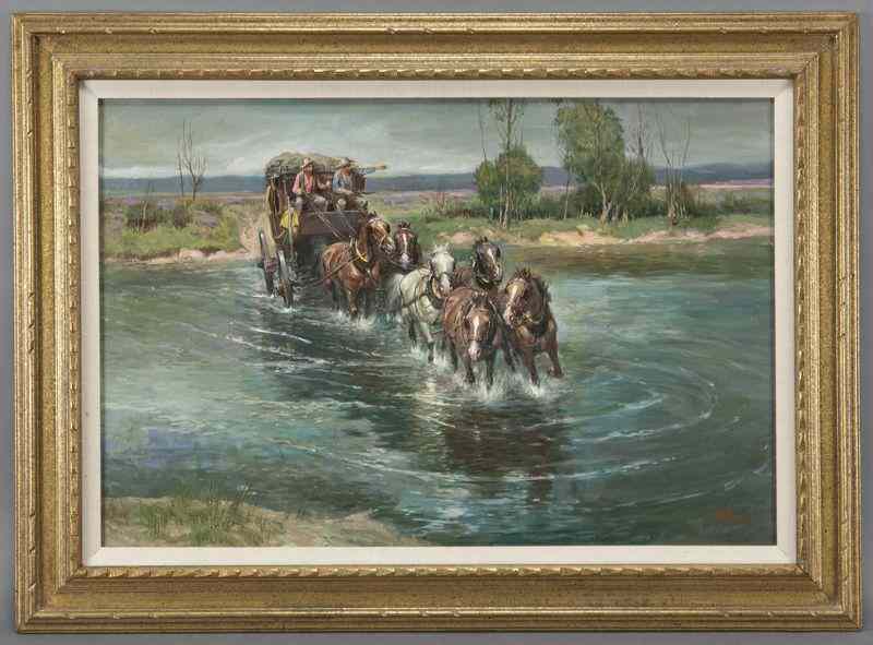 Appraisal: Lajos Markos ''Stagecoach Crossing'' oil on canvas Signed lower right