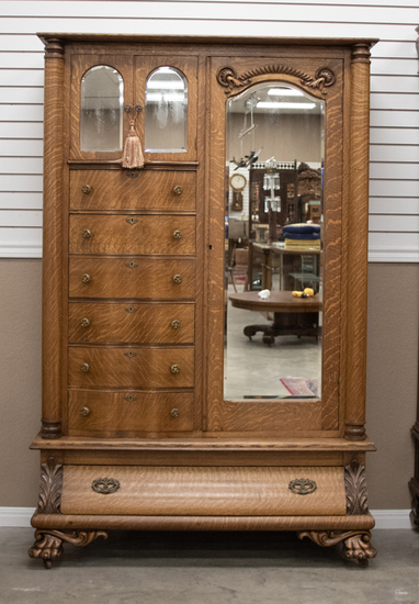 Appraisal: Extremely fine antique quarter sawn oak claw foot Gentleman's Wardrobe