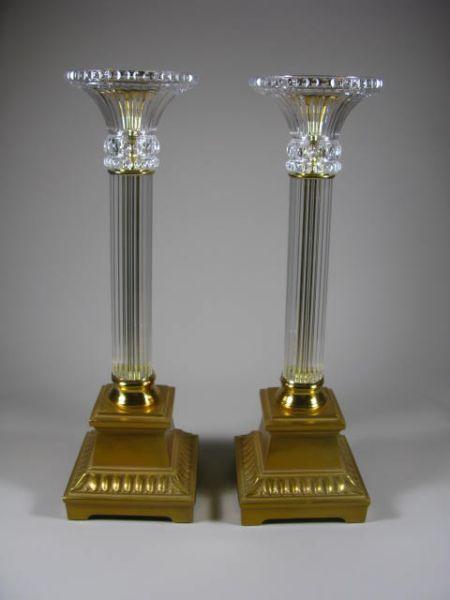 Appraisal: Pair of Decorative Pillar Candlesticks gold toned metal with glass