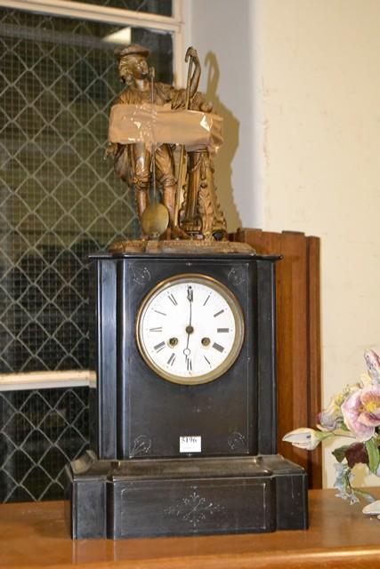 Appraisal: A FRENCH BLACK MARBLE CLOCK WITH GILT BRONZE FIGURE A