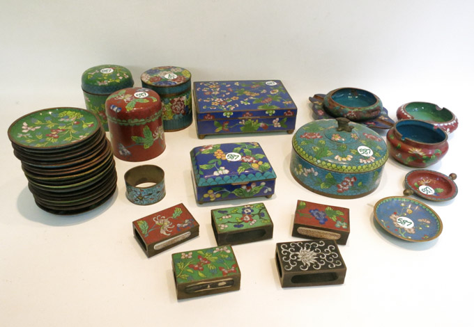 Appraisal: THIRTY-FIVE CLOISONNE VESSELS lidded boxes ashtrays match box covers napkin