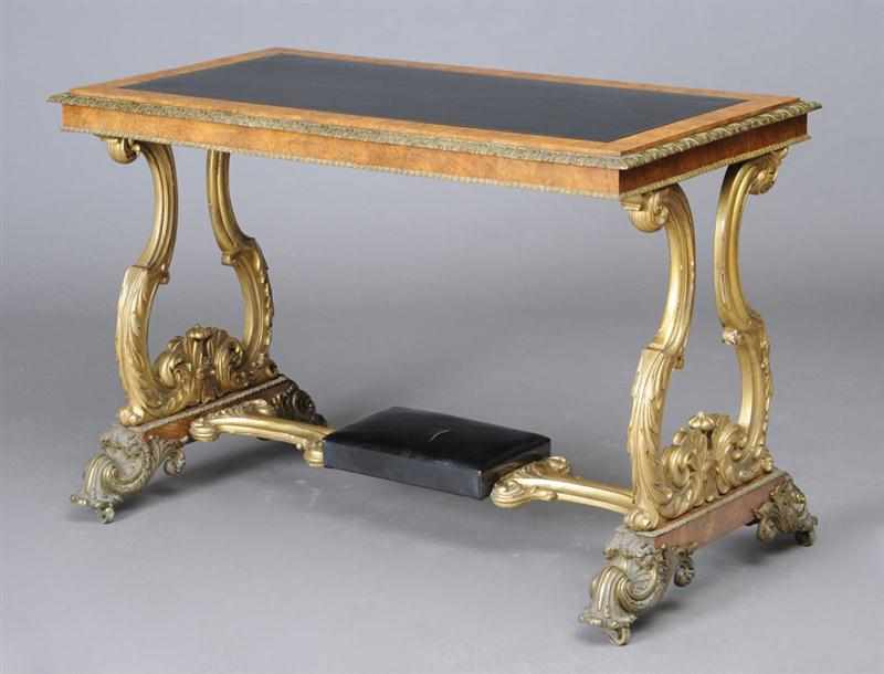 Appraisal: GEORGE IV BRASS-MOUNTED POLLARD OAK AND PARCEL GILT READING TABLE