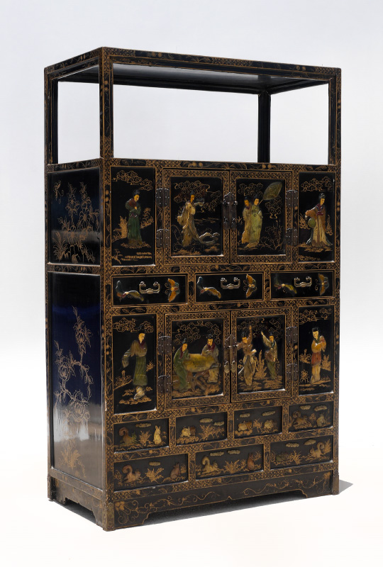 Appraisal: CHINOISERIE STONE DECORATED th C CHINESE CABINET Black lacquer oriental