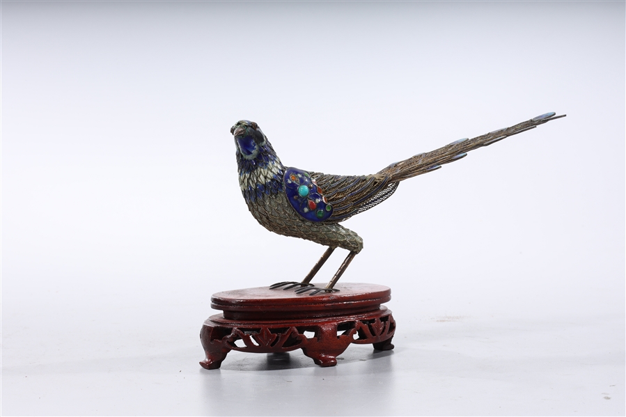 Appraisal: Chinese enameled silver peacock wood stand x x overall approx