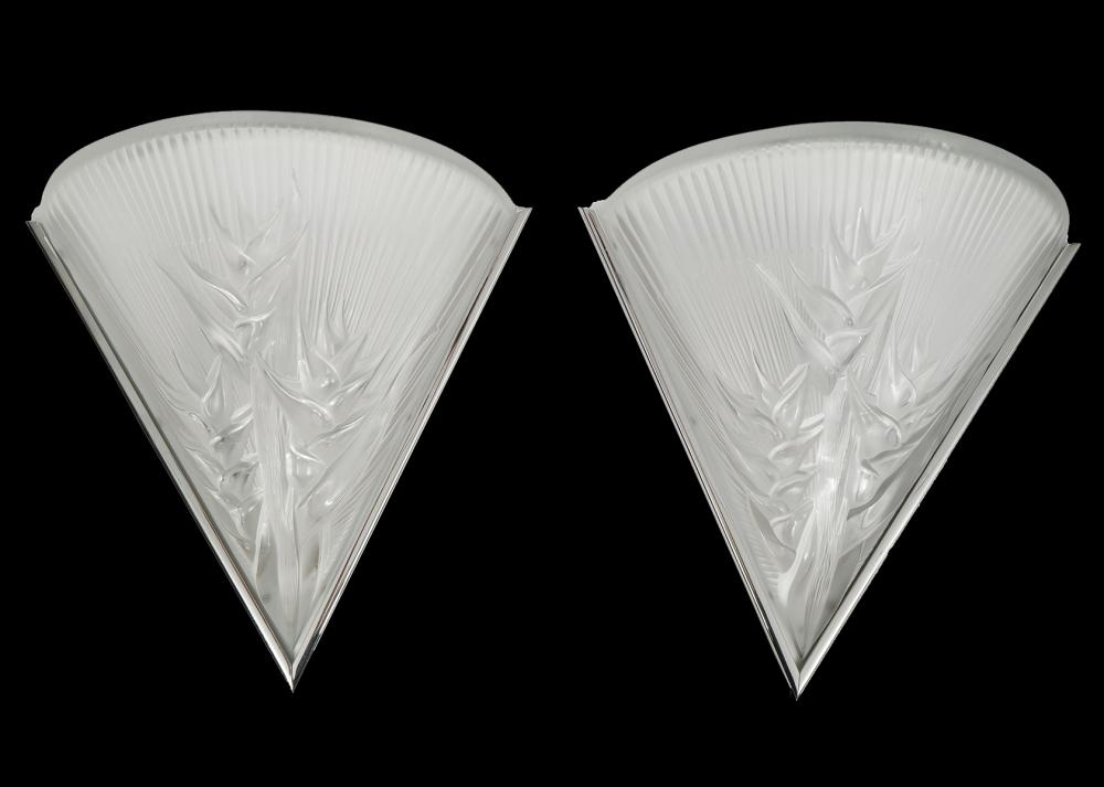 Appraisal: PR LALIQUE 'HALICONIA' CRYSTAL WALL SCONCESPair Lalique triangular convex shaped