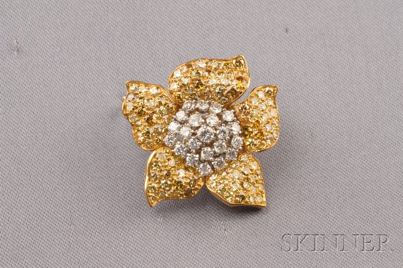 Appraisal: Colored Diamond and Diamond Flower Brooch France set with yellow