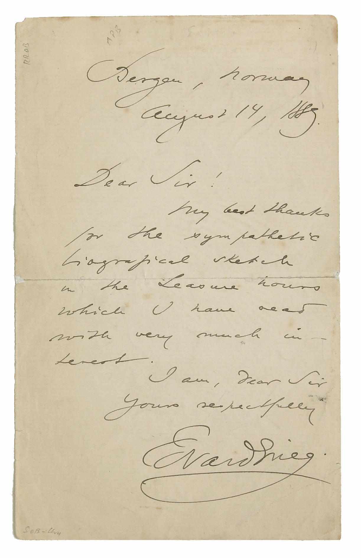 Appraisal: GRIEG EDVARD - Autograph Letter Signed ''Edvard Grieg'' in English