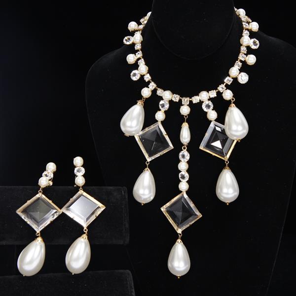 Appraisal: Schreiner Costume Jewelry pc Crystal and Pearl Bib Necklace Clip