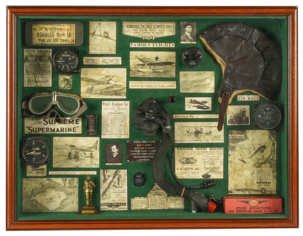 Appraisal: AVIATION MEMORABILIA SHADOW BOX DISPLAYcontaining goggles gauges and a helmet