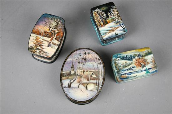 Appraisal: FOUR RUSSIAN LACQUER BOXES Signed landscapes Three have mother of