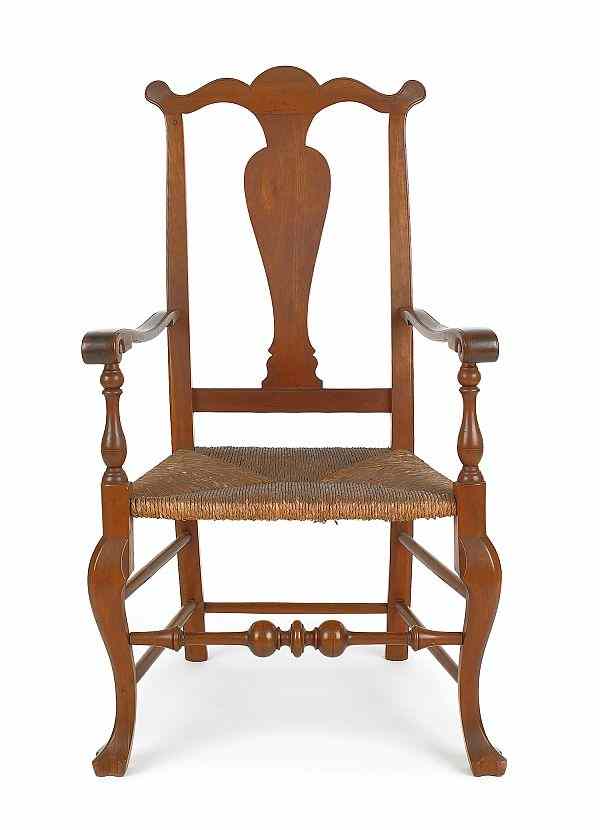 Appraisal: Delaware Valley Queen Anne cherry armchair ca with scrolled handholds