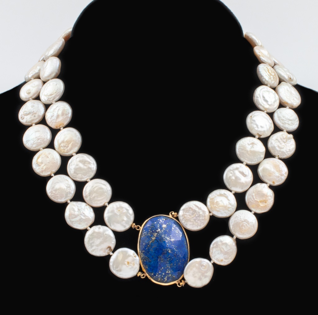 Appraisal: K GOLD LAPIS LAZULI COIN PEARL NECKLACE Vintage K gold