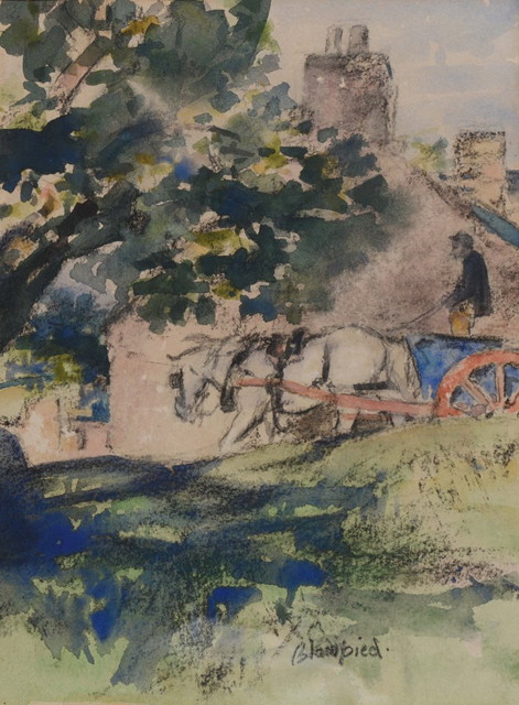 Appraisal: EDMUND BLAMPIED - A figure in a horse drawn cart