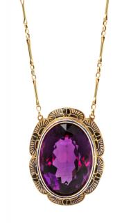 Appraisal: An Egyptian Revival Yellow Gold Amethyst and Enamel Necklace dwts