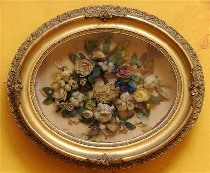 Appraisal: VICTORIAN WAX FLOWER ARRANGEMENT IN GILTWOOD SHADOW-BOX FRAME Frame x