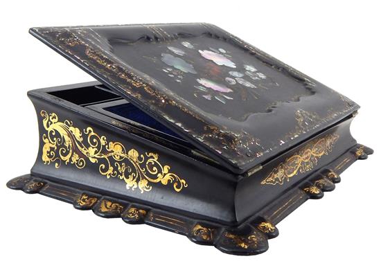 Appraisal: th C papier m ch lap desk ebonized slant-lid top