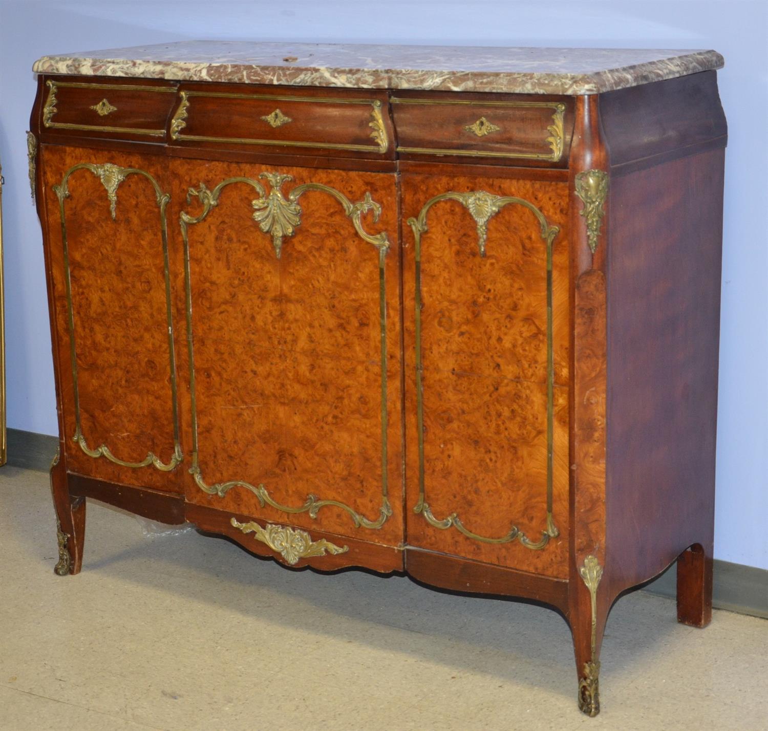 Appraisal: Louis XV style bronze mounted burlwood marble top commode side