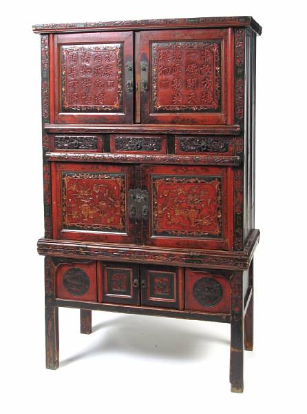 Appraisal: A Chinese red lacquer two part cabinet height ft in