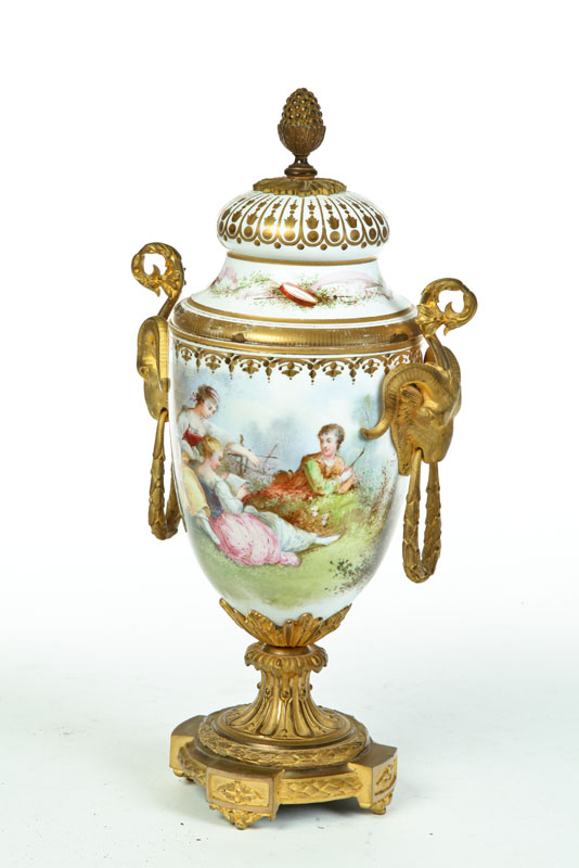 Appraisal: SEVRES COVERED URN France th century porcelain Hand painted scenic