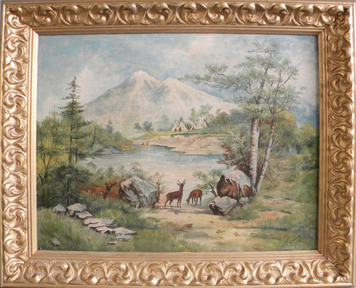 Appraisal: Oil on canvas western landscape with an Indian encampment signed