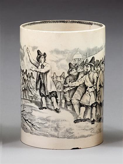 Appraisal: Large creamware black transfer-decorated mug Decorated with an assembly of