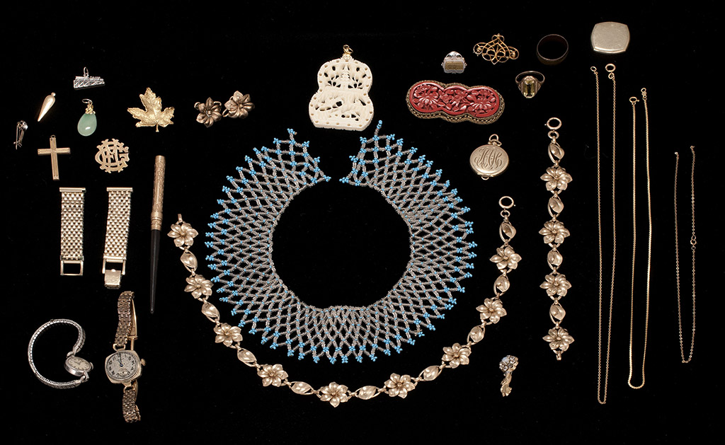 Appraisal: ASSORTED COSTUME AND GOLD-FILLED JEWELRY Cinnabar brooch Carved camel ivory