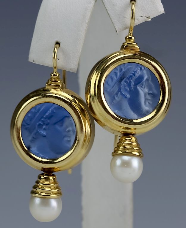 Appraisal: Italian K Blue Cameo Glass Akoya Pearl Earrings Pair of