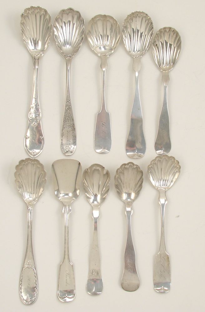 Appraisal: TEN COIN SILVER SUGAR SPOONS th CenturyBy various makers in