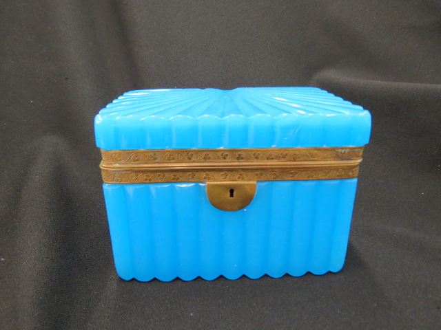 Appraisal: French Blue Opaline Dresser Box ribbed fan top X excellent